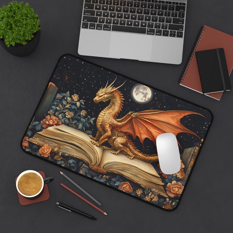 Bookish Dragon Desk Mat, Fantasy Lover Mouse Pad, Gamer Gift, Medieval Gaming Mousepad, Dark Academia Office Decor, Large Desk Accessory
