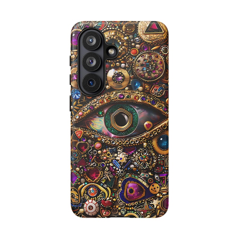 Evil Eye Charm Mosaic Phone Case, Collage Design with Realistic Gold and Purple Gem Effects for iPhone 17, 16, 15, 14, 13 Pro Max, Galaxy S26, S25, S24, Pixel 9 Pro case