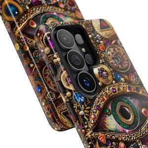 Evil Eye Charm Mosaic Phone Case, Collage Design with Realistic Gold and Purple Gem Effects for iPhone 17, 16, 15, 14, 13 Pro Max, Galaxy S26, S25, S24, Pixel 9 Pro case