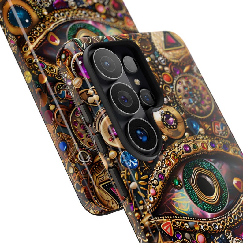 Evil Eye Charm Mosaic Phone Case, Collage Design with Realistic Gold and Purple Gem Effects for iPhone 17, 16, 15, 14, 13 Pro Max, Galaxy S26, S25, S24, Pixel 9 Pro case