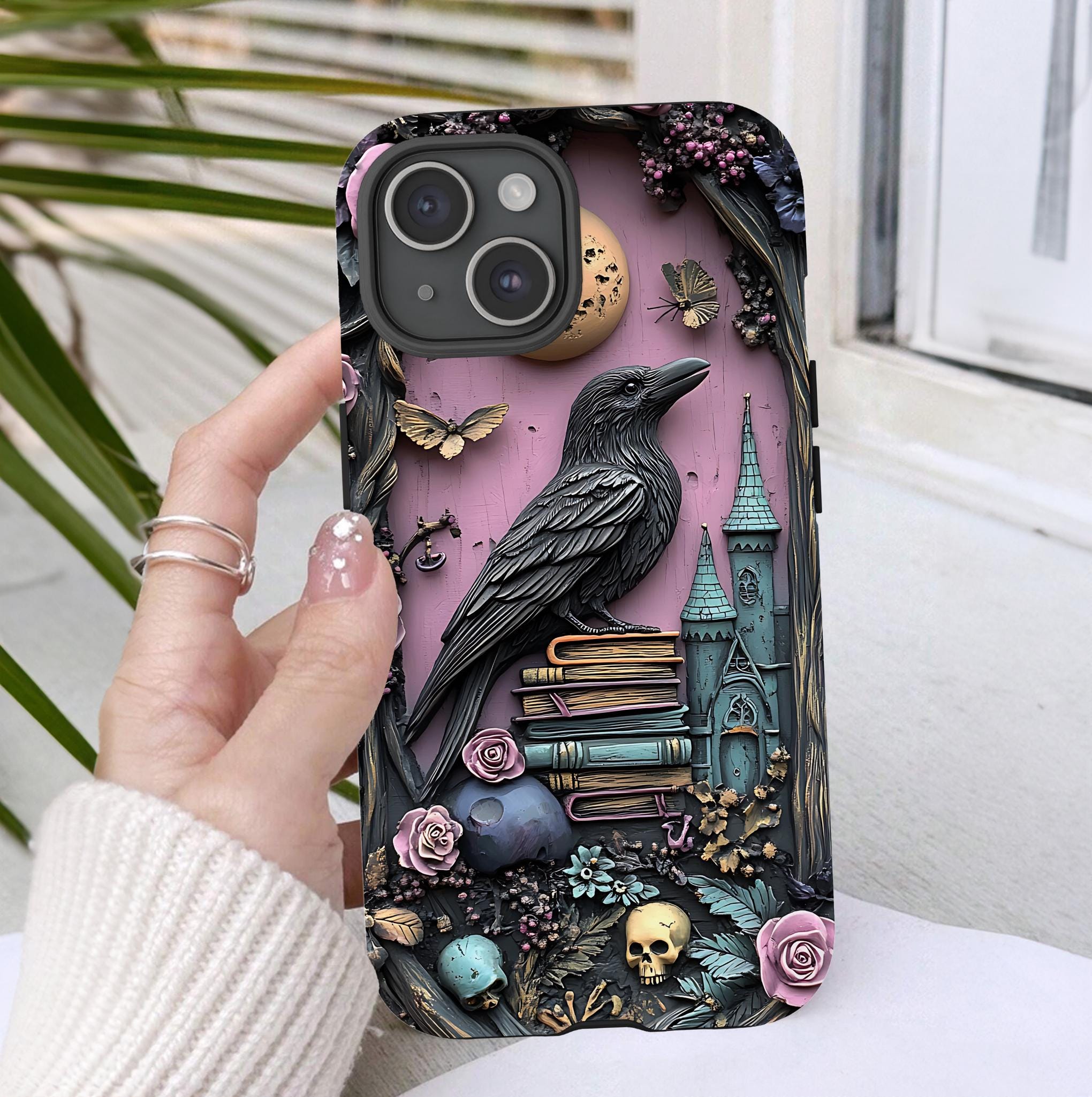 Gothic purple Bookshelf Phone Case Dark Academia Witch Skull floral Book Lover Reading iPhone 16 15 14 13 12, Galaxy S25, Pixel 9 pro case
