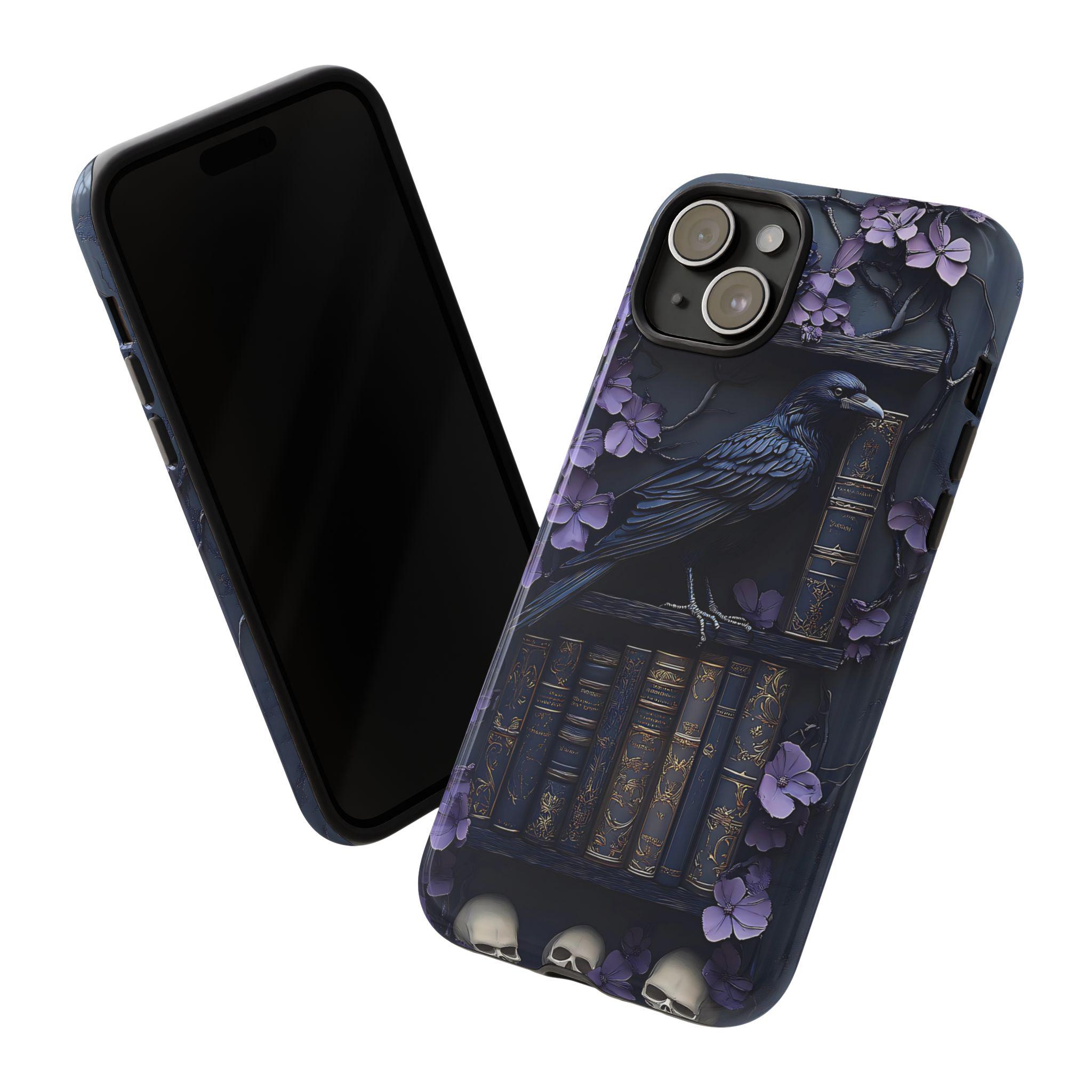 Purple Gothic Raven Bookshelf Phone Case, Gift for Book Lovers, Library Dark Academia Aesthetic, iPhone 16 15, GalaxyS25, Pixel 9 Pro Case