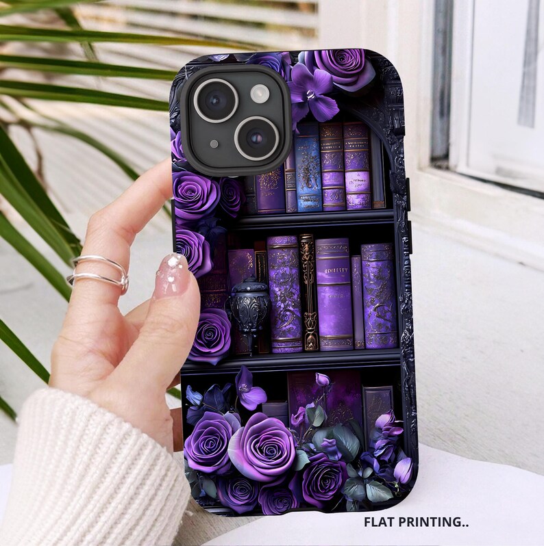 Bookish Phone Case, Purple Floral Vintage Library Design, Dark Academia Gothic Aesthetic for iPhone 16 15 14, Galaxy, Pixel 9 pro case.