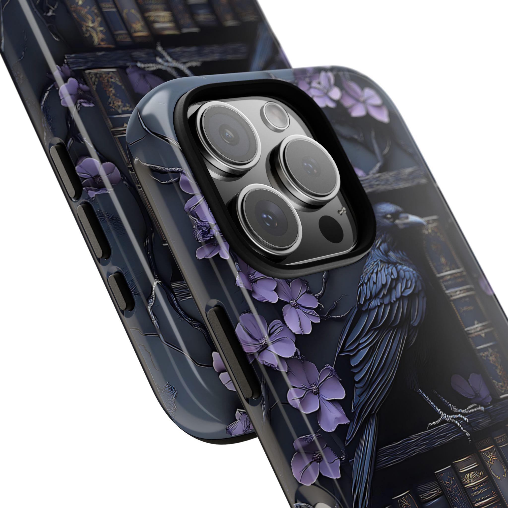 Purple Gothic Raven Bookshelf Phone Case, Gift for Book Lovers, Library Dark Academia Aesthetic, iPhone 16 15, GalaxyS25, Pixel 9 Pro Case
