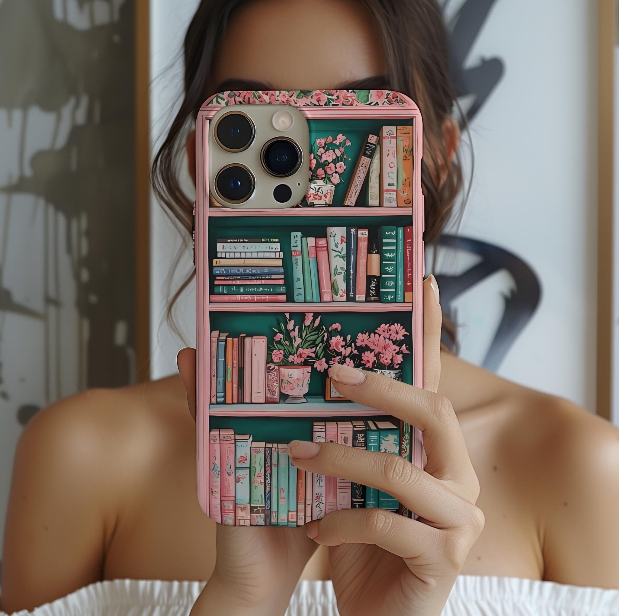 Pink Floral Bookshelf Phone Case, Vintage Bookish Flower Aesthetic, iPhone 16 15 14 13, Galaxy and Pixel Case, Cute Book Lover Gift