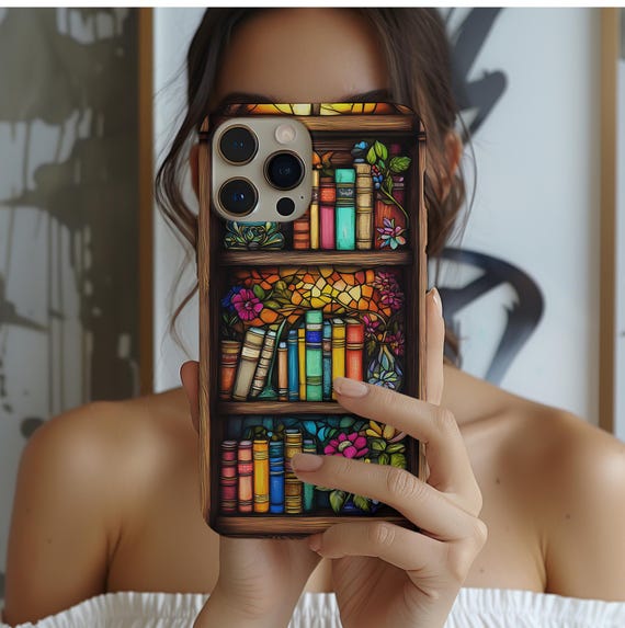 Floral Stained Glass Art Bookshelf Phone Case: Book Lover Gift iPhone Galaxy Pixel
