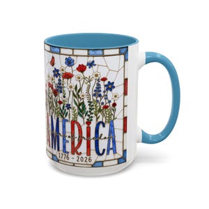 America 250 Faux Stained Glass Mug, Wildflower Coffee Mug, Floral Patriotic Cup, Independence Day Gift