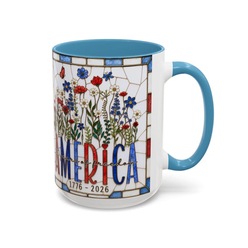 America 250 Faux Stained Glass Mug, Wildflower Coffee Mug, Floral Patriotic Cup, Independence Day Gift