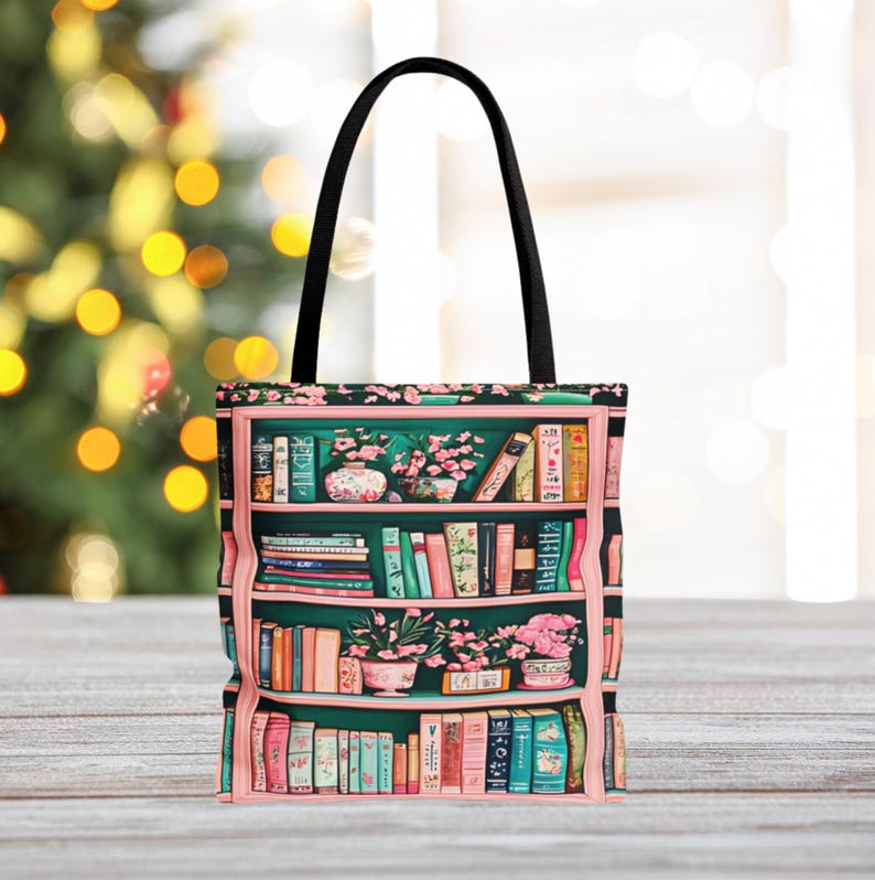 Bookish Tote Bag: Floral Pink & Green Bookshelf Canvas Tote Birthday gift zdjęcie 6