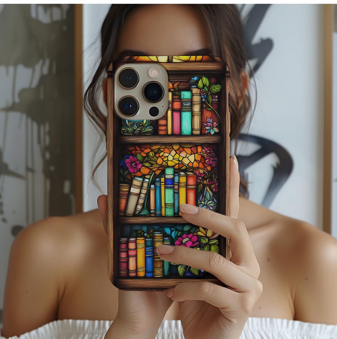 Faux Stained Glass Bookshelf Phone Case, Librarian Gift Idea, Reading Theme Cover for Book ...