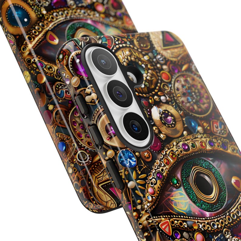 Evil Eye Charm Mosaic Phone Case, Collage Design with Realistic Gold and Purple Gem Effects for iPhone 17, 16, 15, 14, 13 Pro Max, Galaxy S26, S25, S24, Pixel 9 Pro case