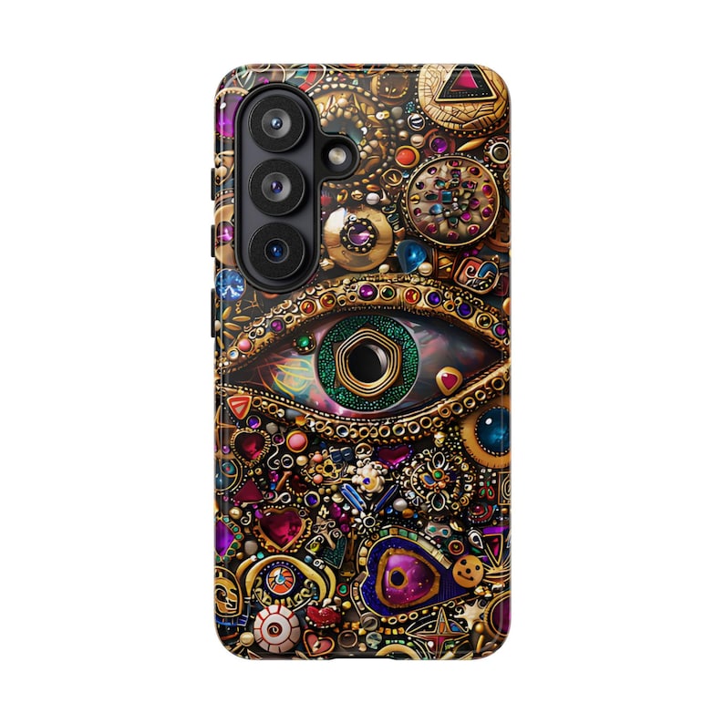 Evil Eye Charm Mosaic Phone Case, Collage Design with Realistic Gold and Purple Gem Effects for iPhone 17, 16, 15, 14, 13 Pro Max, Galaxy S26, S25, S24, Pixel 9 Pro case