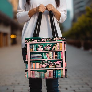 Bookish Tote Bag, Pink and green Canvas Tote for Book Lovers, Library Book Tote, Cute Gift for Readers, book club Gifts