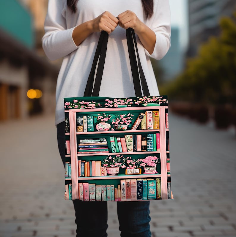 Bookish Tote Bag, Pink and green Canvas Tote for Book Lovers, Library Book Tote, Cute Gift for Readers, book club Gifts