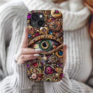 Evil Eye Charm Mosaic Phone Case, Collage Design with Realistic Gold and Purple Gem Effects for iPhone 16, 15, 14, 13 Pro Max, Galaxy, Pixel