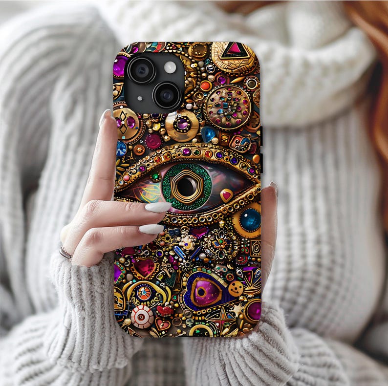 Evil Eye Charm Mosaic Phone Case, Collage Design with Realistic Gold and Purple Gem Effects for iPhone 16, 15, 14, 13 Pro Max, Galaxy, Pixel