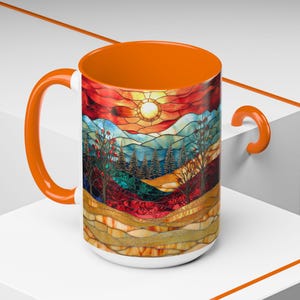 Christmas Mountain Mug Faux Stained Glass Sunset Landscape Ceramic Cup Winter Nature Scene with Trees Cozy Coffee or Tea Gift Idea
