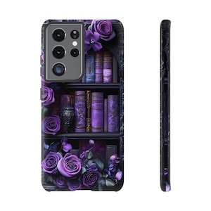 Bookish Phone Case, Purple Floral Vintage Library Design, Dark Academia Gothic Aesthetic for iPhone 16 15 14, Galaxy, Pixel 9 pro case.