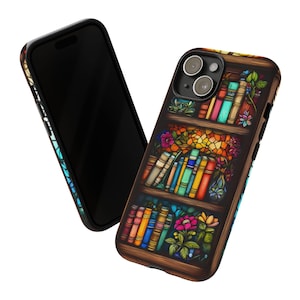 Faux Stained Glass Bookshelf Phone Case, Librarian Gift Idea, Reading Theme Cover for Book Lovers, iPhone 16 15 14 Pro, Pixel 9 Pro, Galaxy.
