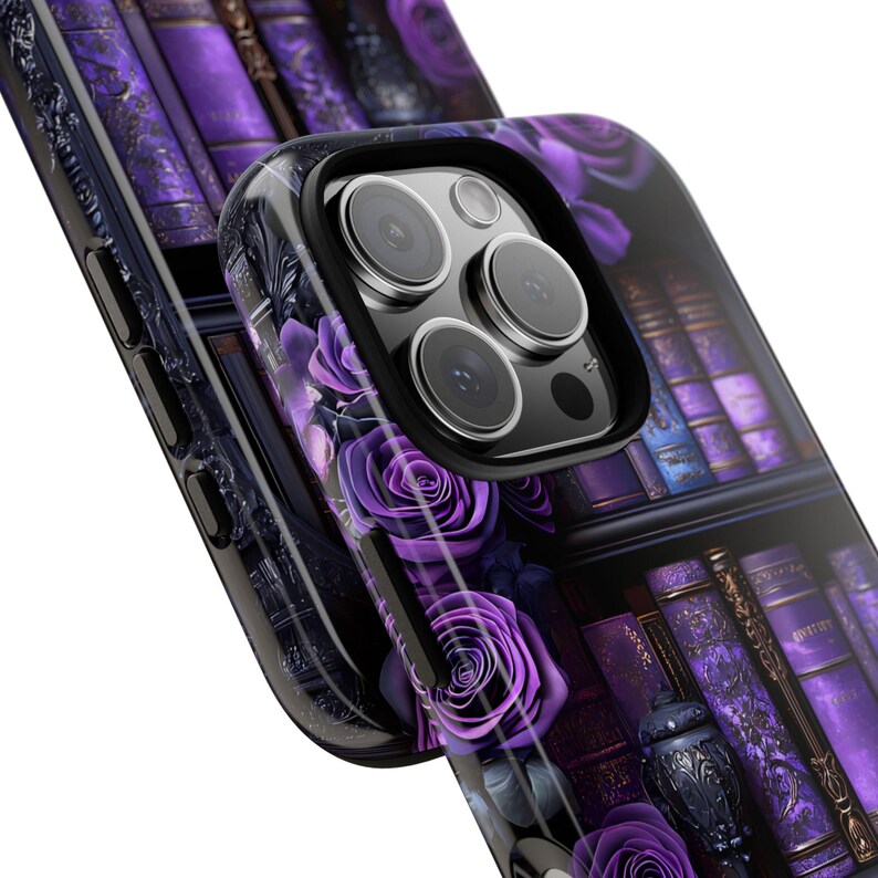 Bookish Phone Case, Purple Floral Vintage Library Design, Dark Academia Gothic Aesthetic for iPhone 16 15 14, Galaxy, Pixel 9 pro case.