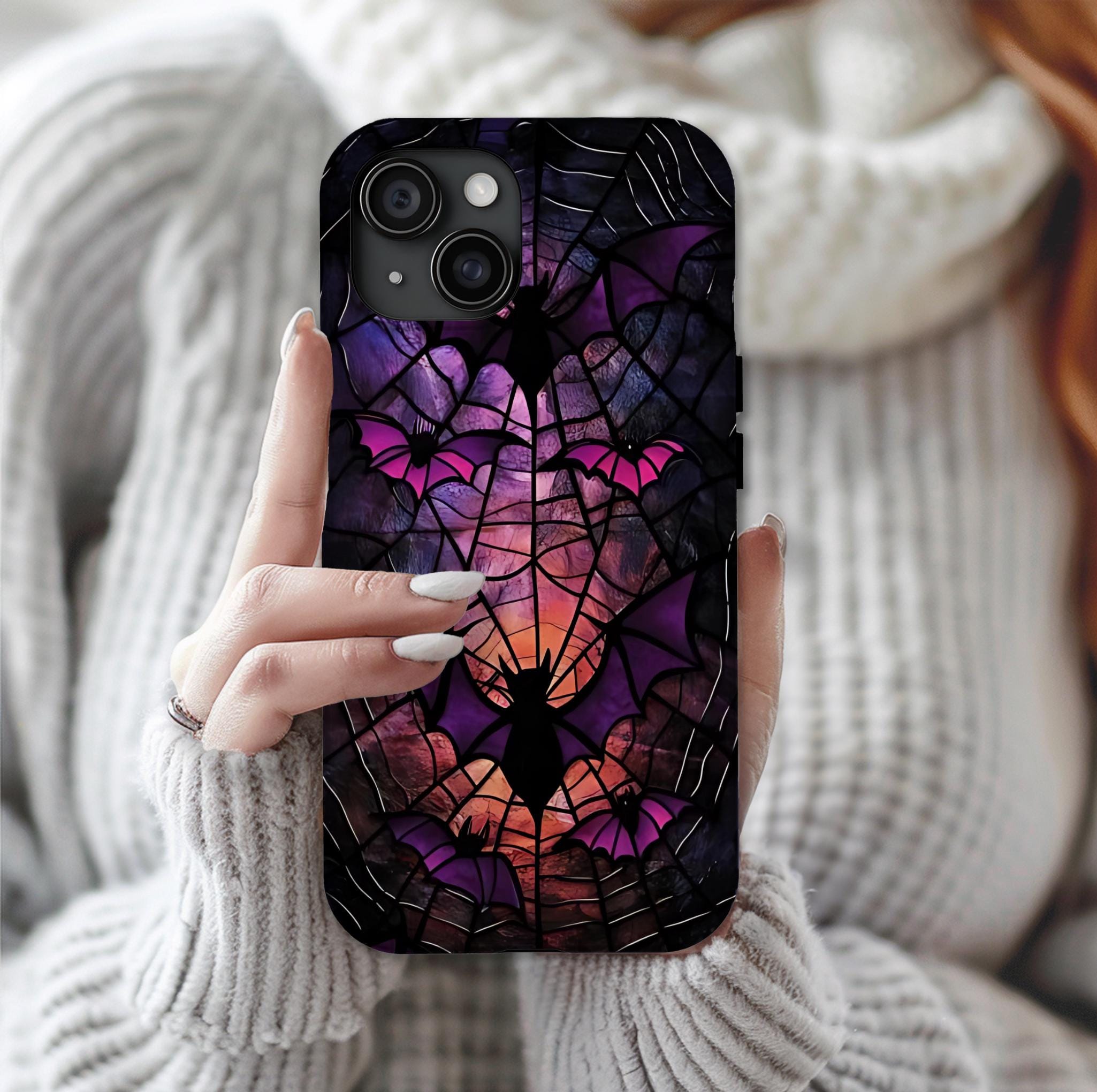 Gothic Bat Phone Case: Faux Stained Glass, Boho Halloween Design
