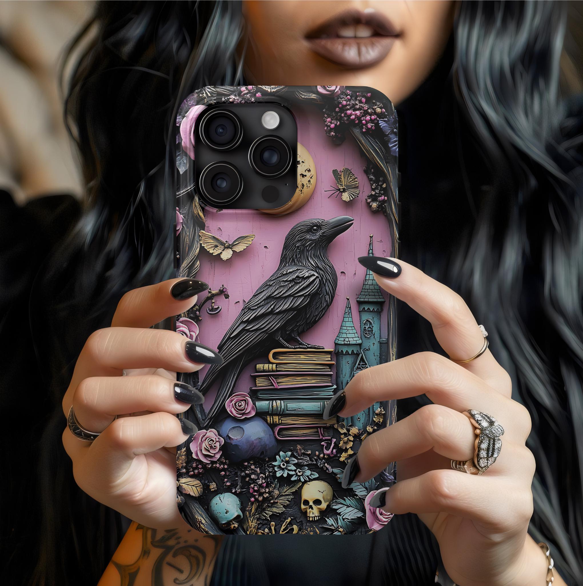 Gothic purple Bookshelf Phone Case Dark Academia Witch Skull floral Book Lover Reading iPhone 16 15 14 13 12, Galaxy S25, Pixel 9 pro case
