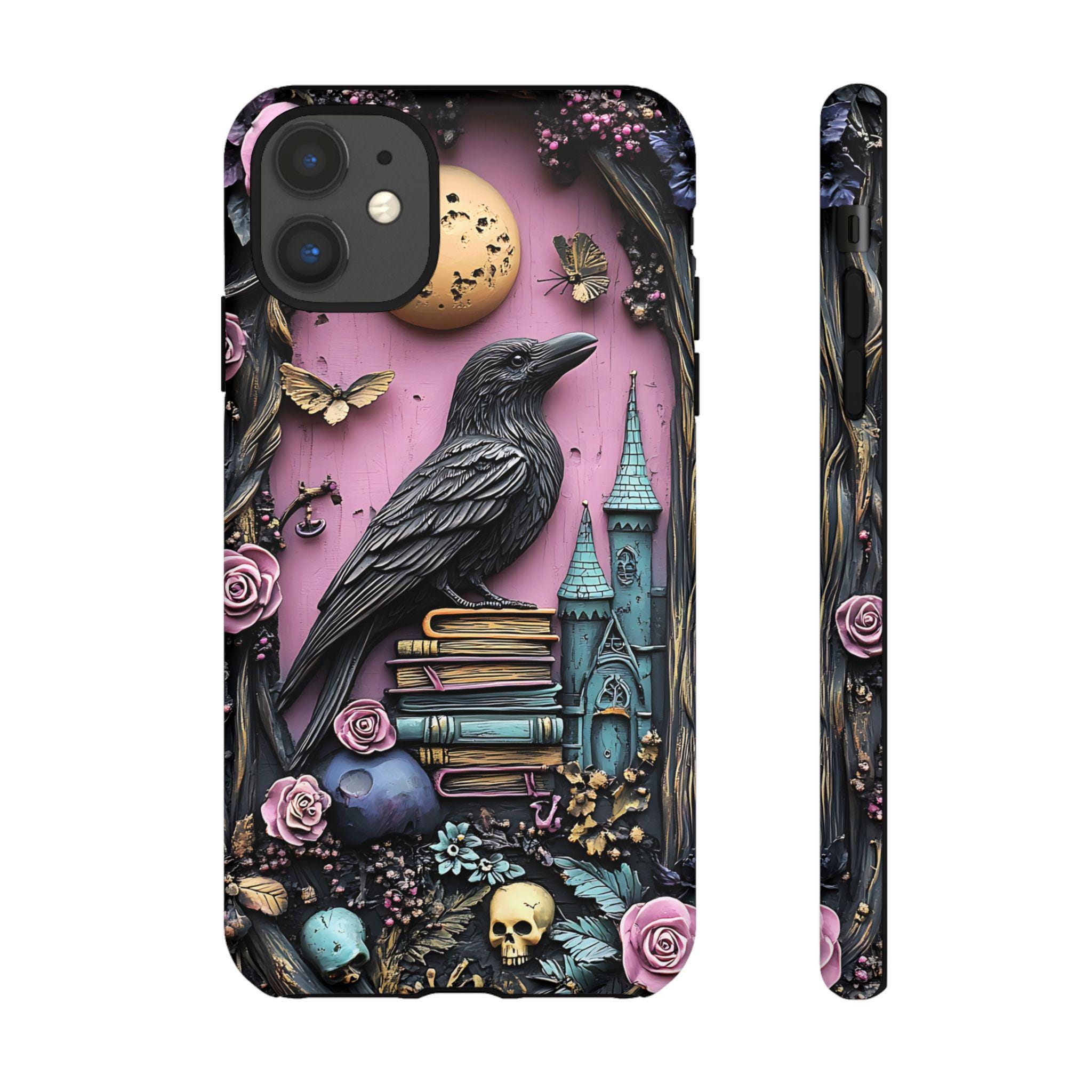 Gothic purple Bookshelf Phone Case Dark Academia Witch Skull floral Book Lover Reading iPhone 16 15 14 13 12, Galaxy S25, Pixel 9 pro case
