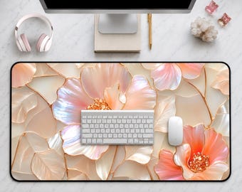 Pink Botanical Desk Mat, Elegant Floral Mouse Pad, Pearlescent Flower Gaming Mat, Feminine Office Decor, Coworker Gift