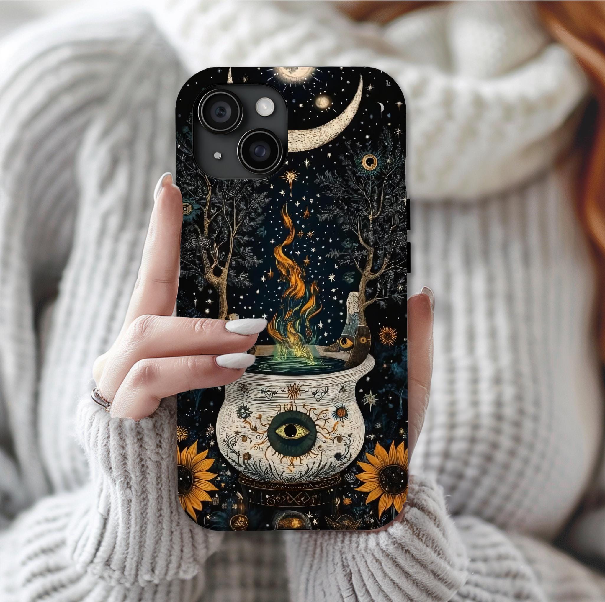 Celestial Cauldron Phone Case with Witch and Floral Design, Spooky Halloween Magic for iPhone 16 15 14 13, Pixel 9 Pro case, Galaxy S25 case