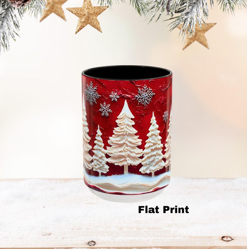 May include: A cylindrical red Christmas-themed mug with a black interior. The mug features a white winter forest design with snowflakes. The words "Flat Print" are printed at the bottom of the mug.