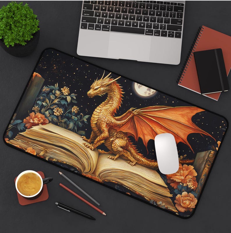Bookish Dragon Desk Mat, Fantasy Lover Mouse Pad, Gamer Gift, Medieval Gaming Mousepad, Dark Academia Office Decor, Large Desk Accessory