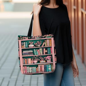 Bookish Tote Bag, Pink and green Canvas Tote for Book Lovers, Library Book Tote, Cute Gift for Readers, book club Gifts