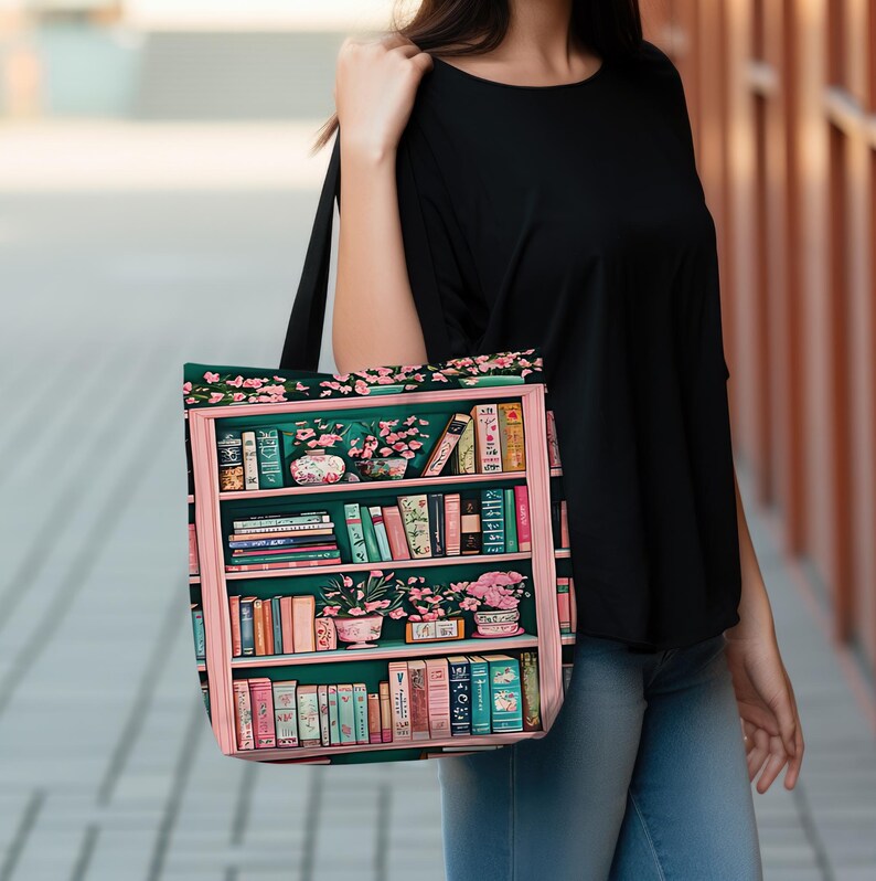 Bookish Tote Bag, Pink and green Canvas Tote for Book Lovers, Library Book Tote, Cute Gift for Readers, book club Gifts