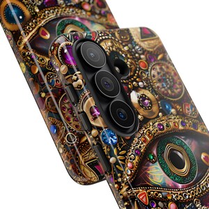 Evil Eye Charm Mosaic Phone Case, Collage Design with Realistic Gold and Purple Gem Effects for iPhone 17, 16, 15, 14, 13 Pro Max, Galaxy S26, S25, S24, Pixel 9 Pro case