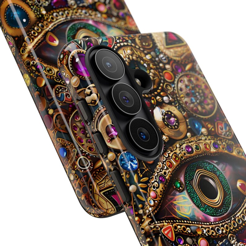 Evil Eye Charm Mosaic Phone Case, Collage Design with Realistic Gold and Purple Gem Effects for iPhone 17, 16, 15, 14, 13 Pro Max, Galaxy S26, S25, S24, Pixel 9 Pro case