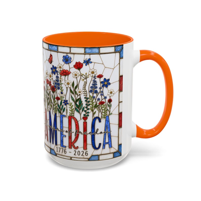 America 250 Faux Stained Glass Mug, Wildflower Coffee Mug, Floral Patriotic Cup, Independence Day Gift