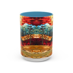 Christmas Mountain Mug Faux Stained Glass Sunset Landscape Ceramic Cup Winter Nature Scene with Trees Cozy Coffee or Tea Gift Idea
