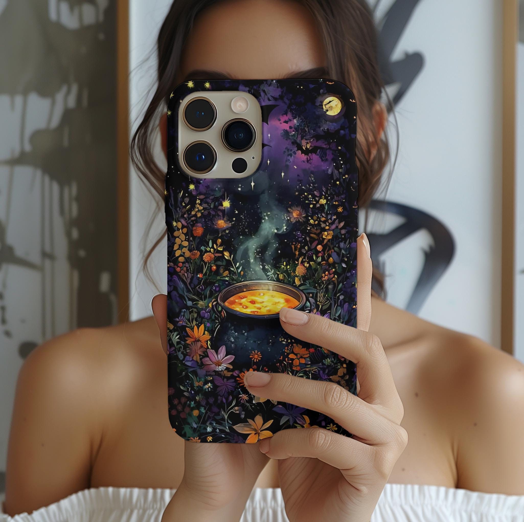Enchanted Cauldron Phone Case: Witch's Brew, Wildflowers & Stars