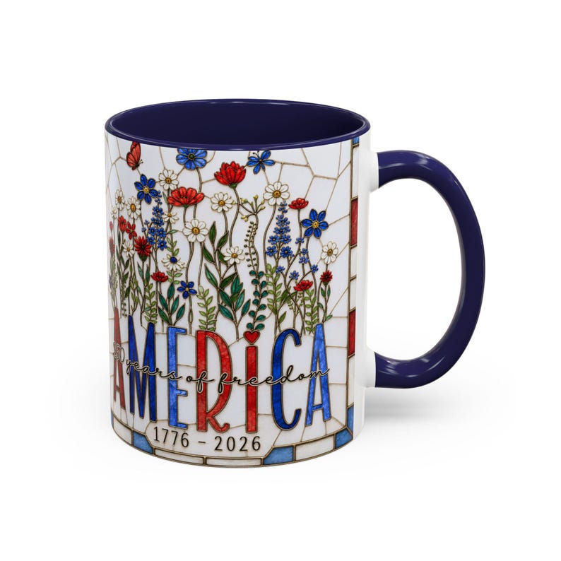 America 250 Faux Stained Glass Mug, Wildflower Coffee Mug, Floral Patriotic Cup, Independence Day Gift