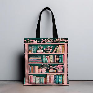 Bookish Tote Bag, Pink and green Canvas Tote for Book Lovers, Library Book Tote, Cute Gift for Readers, book club Gifts