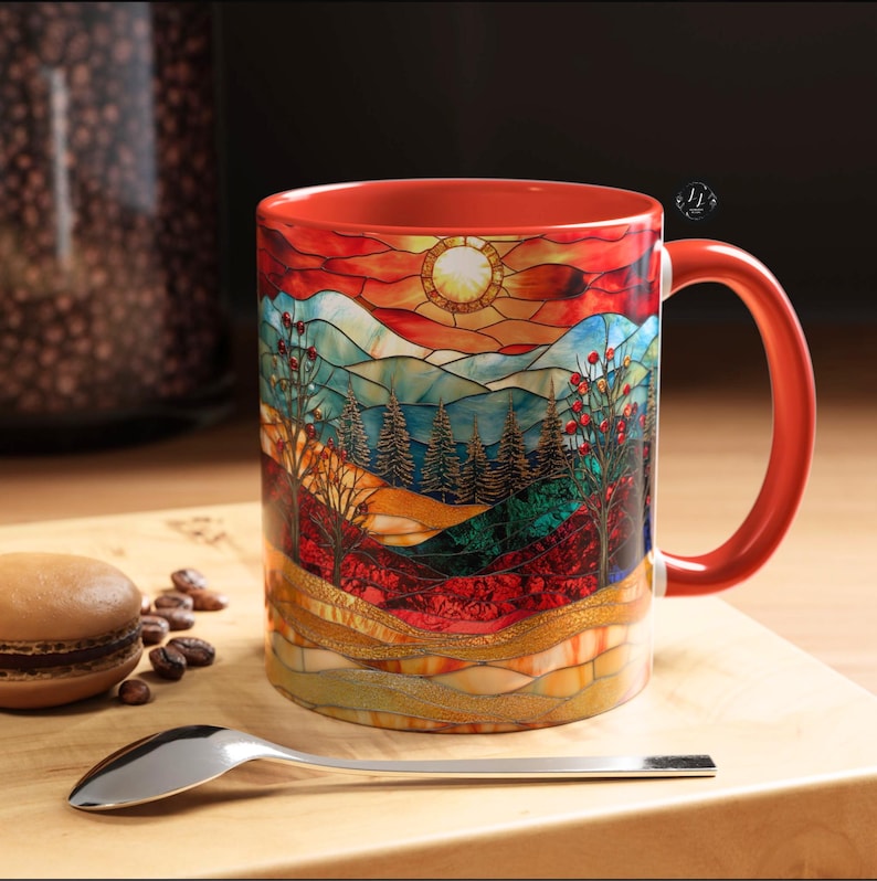 Christmas Mountain Mug Faux Stained Glass Sunset Landscape Ceramic Cup Winter Nature Scene with Trees Cozy Coffee or Tea Gift Idea