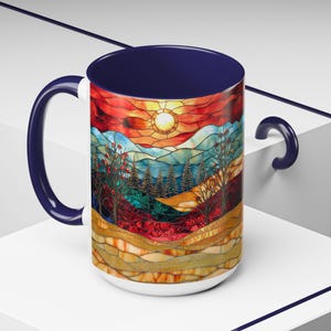 Christmas Mountain Mug Faux Stained Glass Sunset Landscape Ceramic Cup Winter Nature Scene with Trees Cozy Coffee or Tea Gift Idea