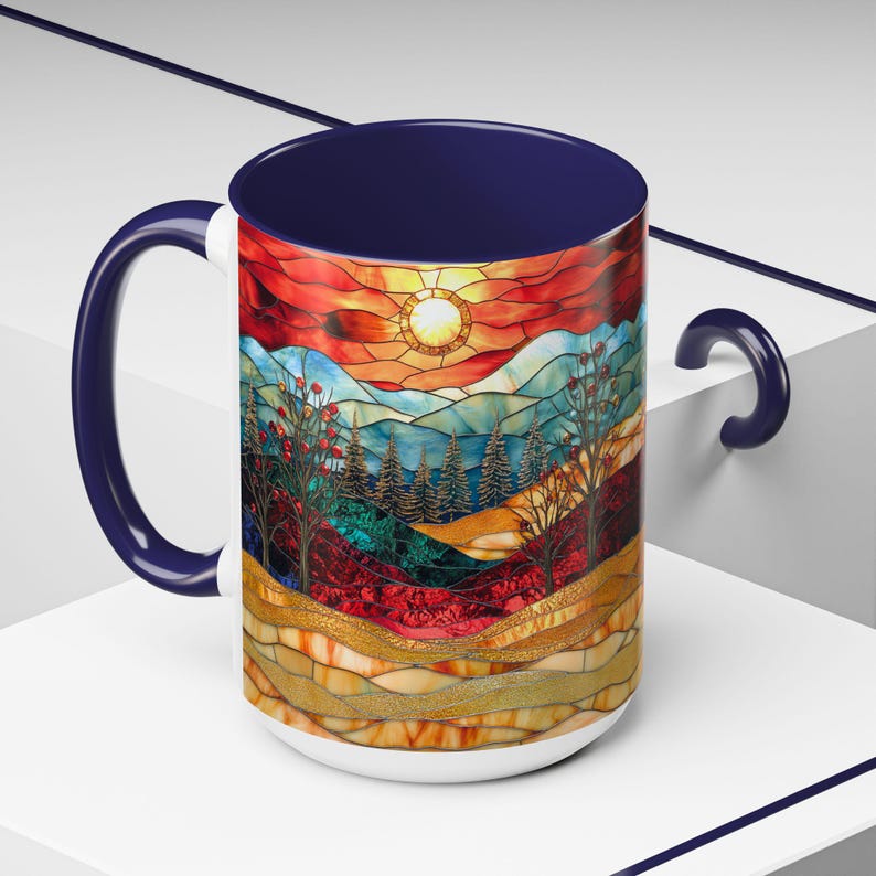Christmas Mountain Mug Faux Stained Glass Sunset Landscape Ceramic Cup Winter Nature Scene with Trees Cozy Coffee or Tea Gift Idea