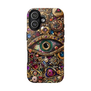 Evil Eye Charm Mosaic Phone Case, Collage Design with Realistic Gold and Purple Gem Effects for iPhone 16, 15, 14, 13 Pro Max, Galaxy, Pixel