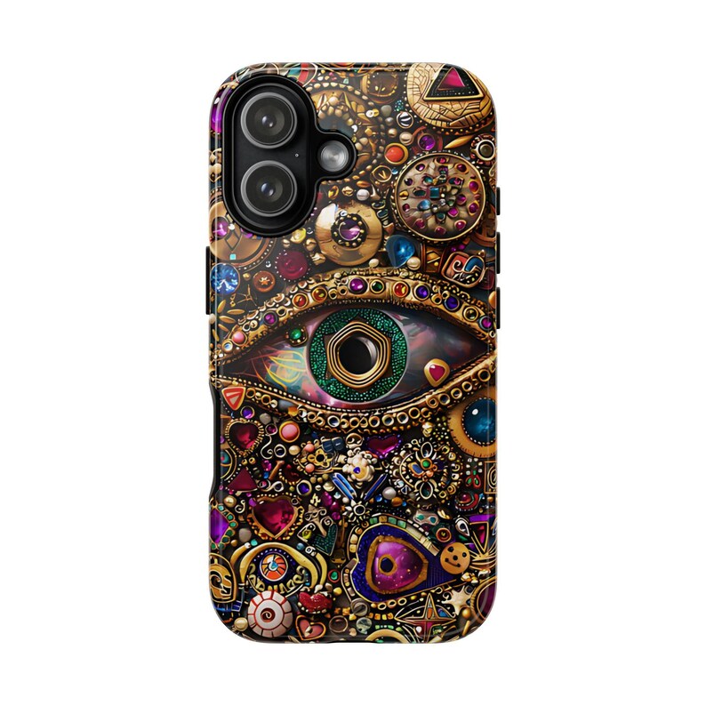 Evil Eye Charm Mosaic Phone Case, Collage Design with Realistic Gold and Purple Gem Effects for iPhone 16, 15, 14, 13 Pro Max, Galaxy, Pixel