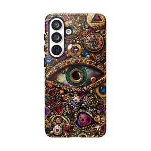Evil Eye Charm Mosaic Phone Case, Collage Design with Realistic Gold and Purple Gem Effects for iPhone 17, 16, 15, 14, 13 Pro Max, Galaxy S26, S25, S24, Pixel 9 Pro case