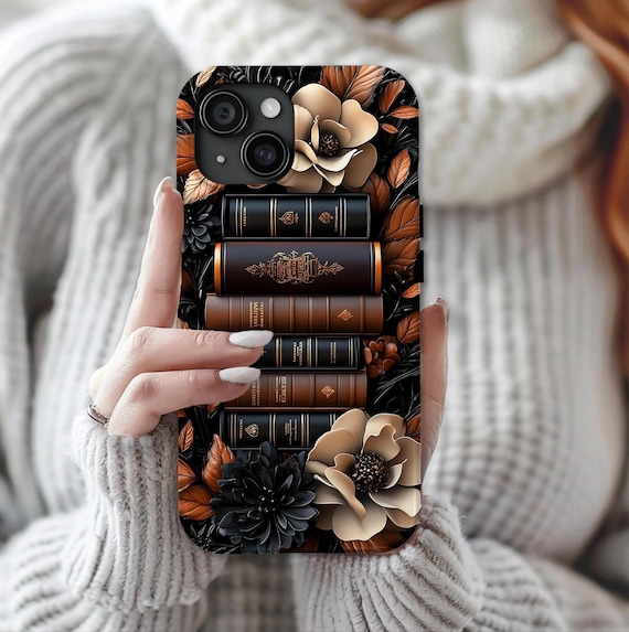 Brown Floral Bookshelf Phone Case, Bookish Flower Unique iPhone Galaxy Pixel Book Lover Gift