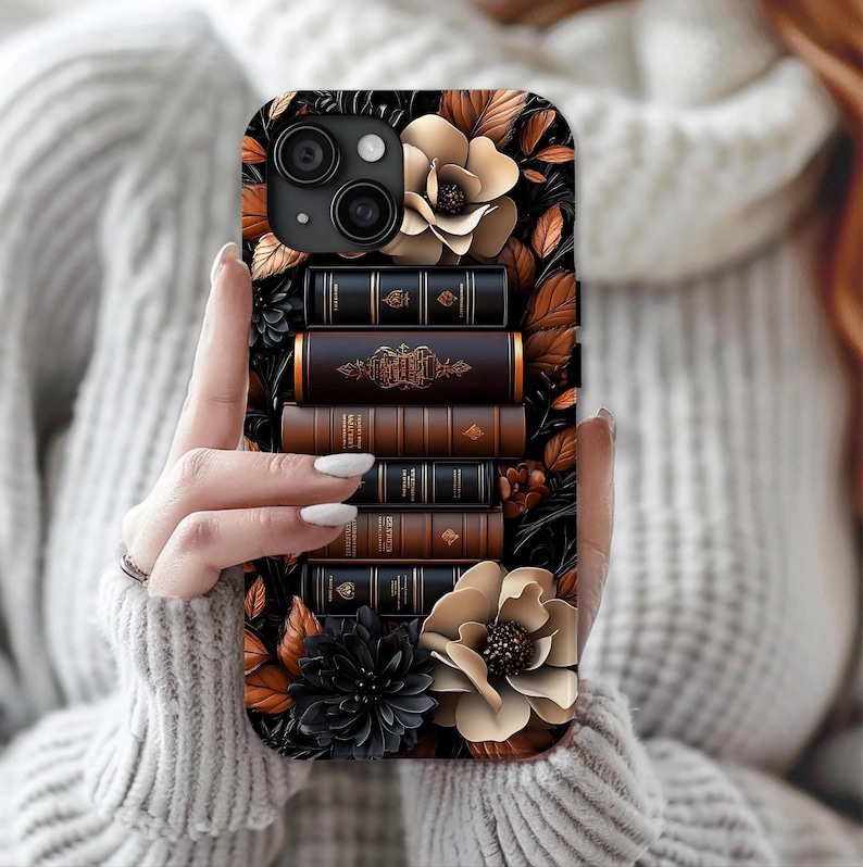 Brown Floral Bookshelf Phone Case, 3D looks Bookish Flower Aesthetic, Unique iPhone 16 15 14 13 12, Galaxy, Pixel Case, Cute Book Lover Gift