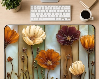 Autumn Floral Desk Mat, Stained Glass Flower Mouse Pad, Fall Rustic Botanical Office Decor