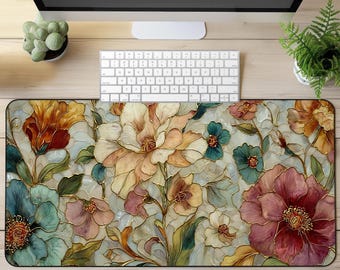 Vintage Wildflowers Desk Mat: Stained Glass Effect Floral Mousepad
